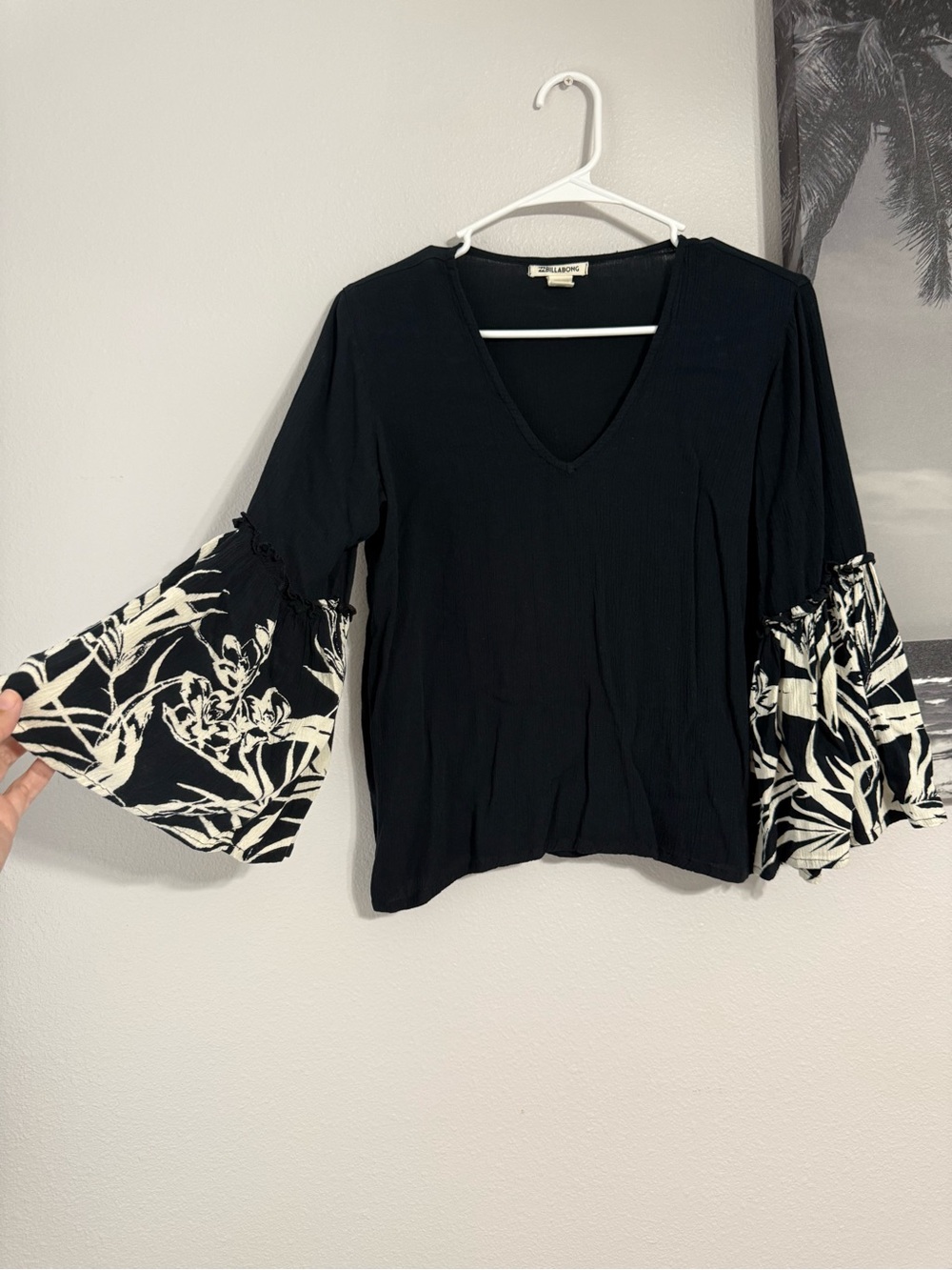 Billabong Navy V-Neck Top with White Floral Bell Sleeves